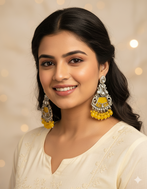Woman wearing yellow earrings with a blurred light background