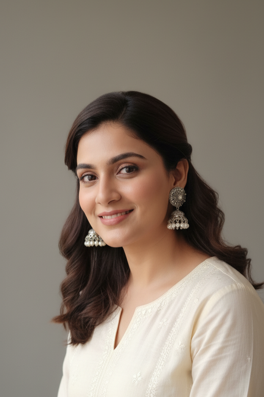 Oxidised Silver-Plated Jhumka Earrings with Pearls