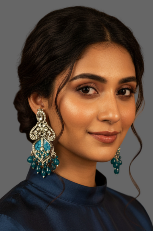 Woman wearing blue earrings against a brown background