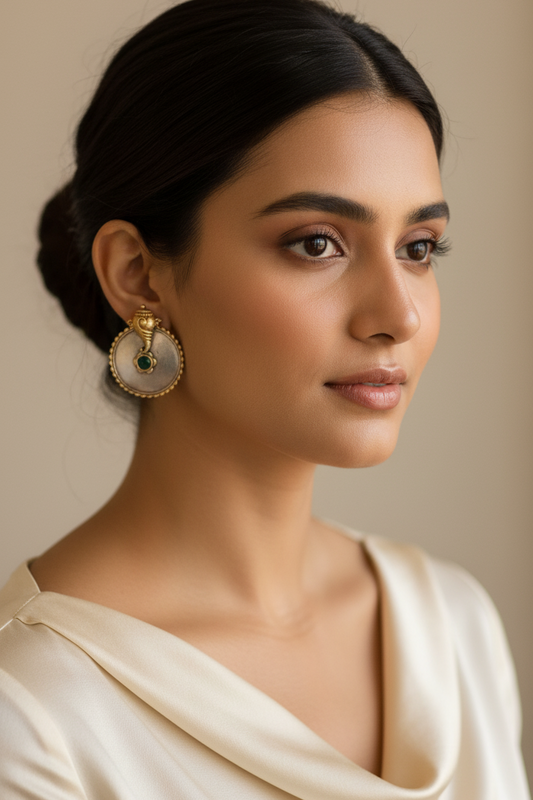 Woman wearing gold earrings with a beige background