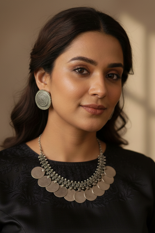 Woman wearing a black top and layered necklace with earrings against a beige wall.