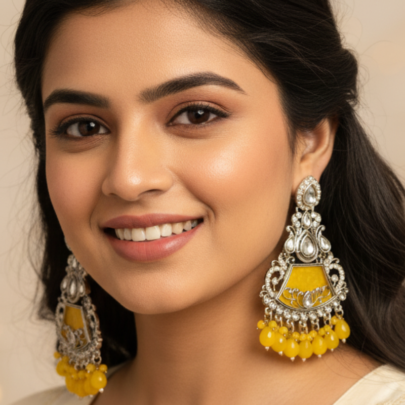 Woman wearing yellow and silver earrings against a warm-toned background
