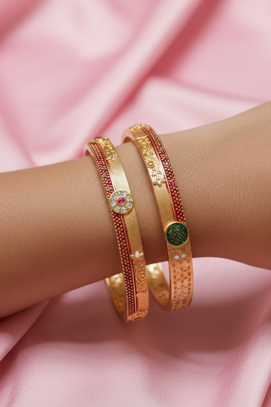 Elegant Gold-Plated Designer Bangles with Red & Green Enamel Accents