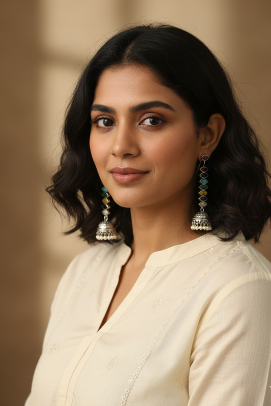 Woman wearing large earrings with a neutral background